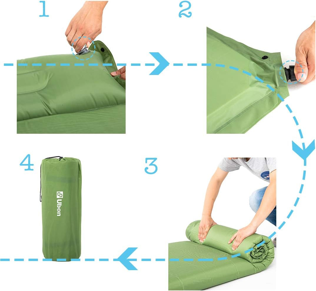 Double Camping Sleeping Pad Self- Inflating Camping Mattress with Pillows Memory Sponge Filling Sleeping Mats for Truck Tent - Green