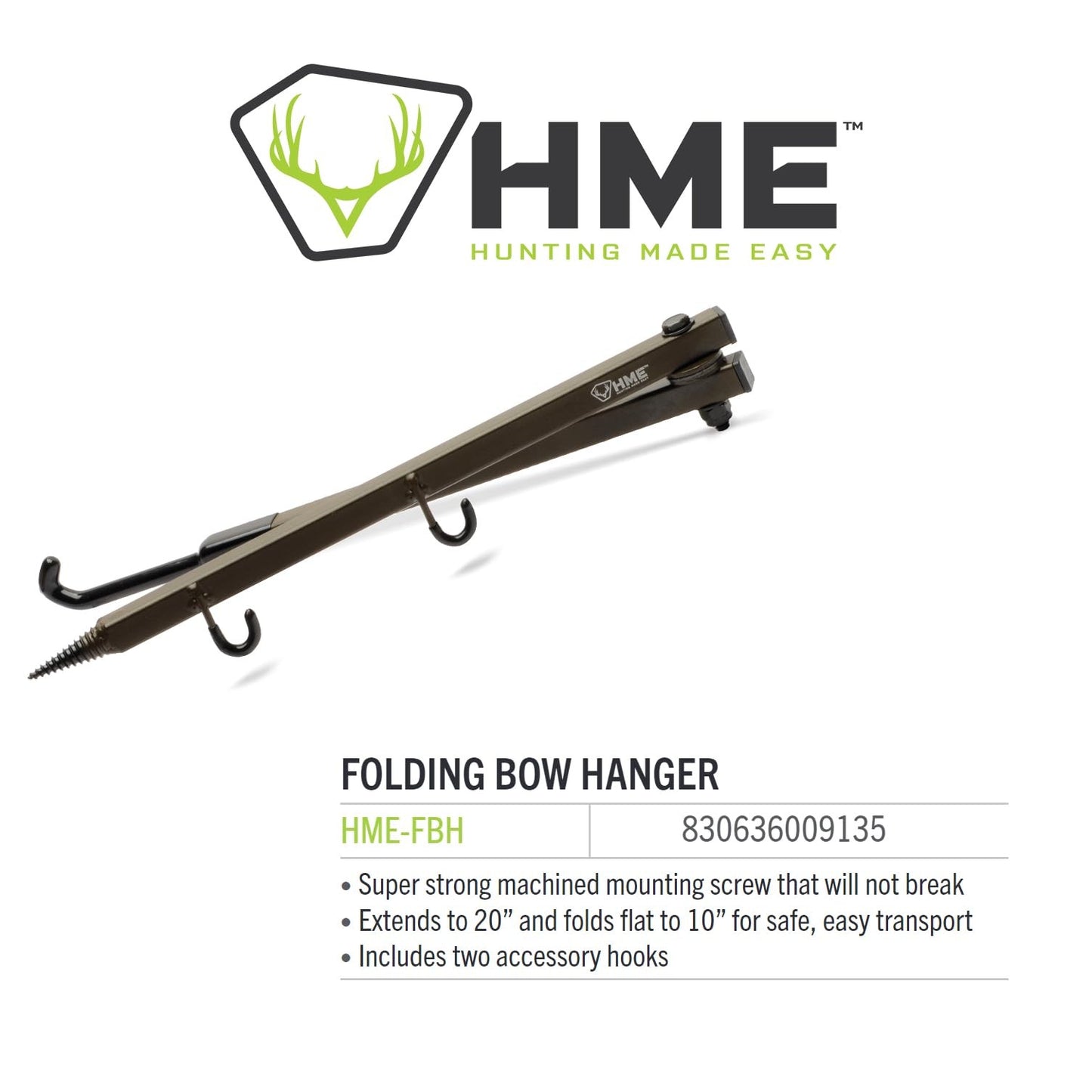 Hme Durable Secure Convenient Portable Folding Tree Stand Bow Hanger W/Two