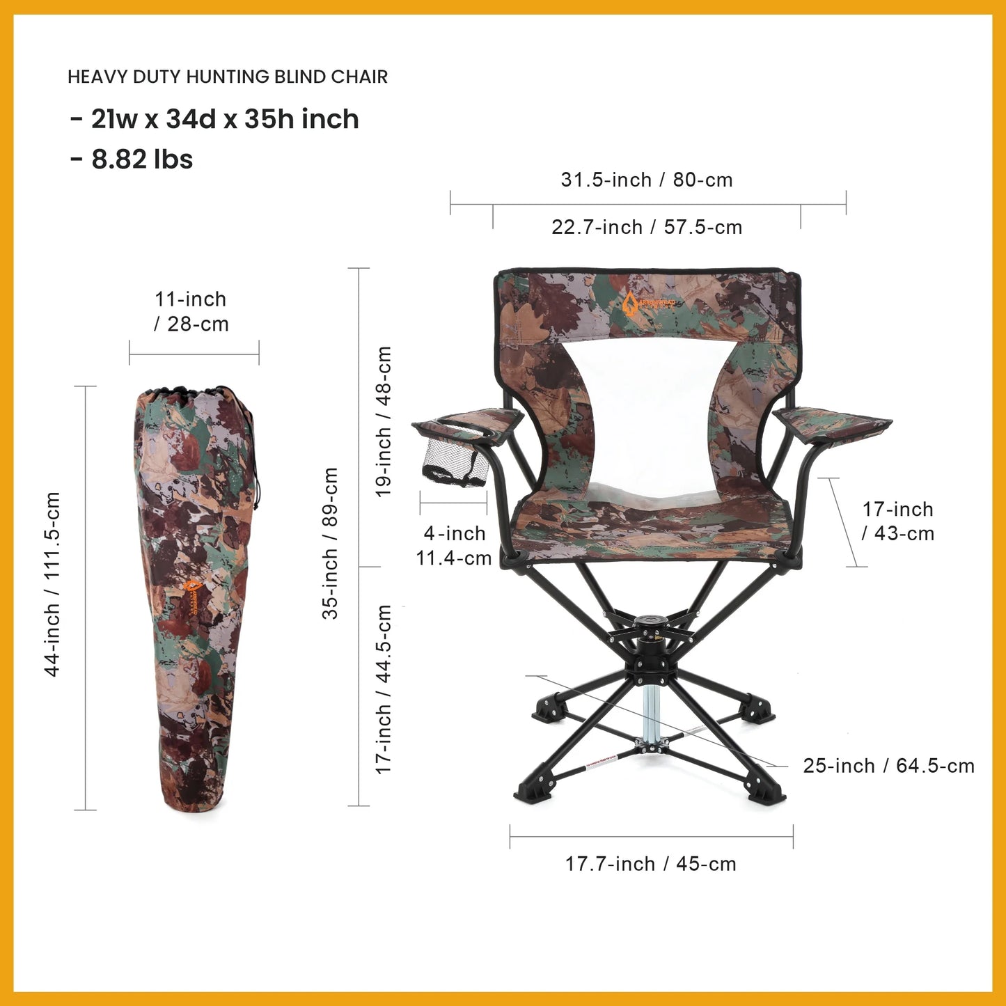 KKS0320U Degree Swivel Hunting Chair W/ Armrests, Camo Color for Camouflage Blinds,