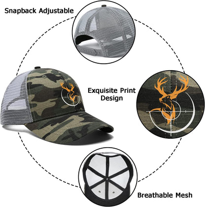 Deer Hunting Camo Trucker Hats Snapback Adult Unisex Adjustable Blaze Orange Antlers Logo Mesh Baseball Cap