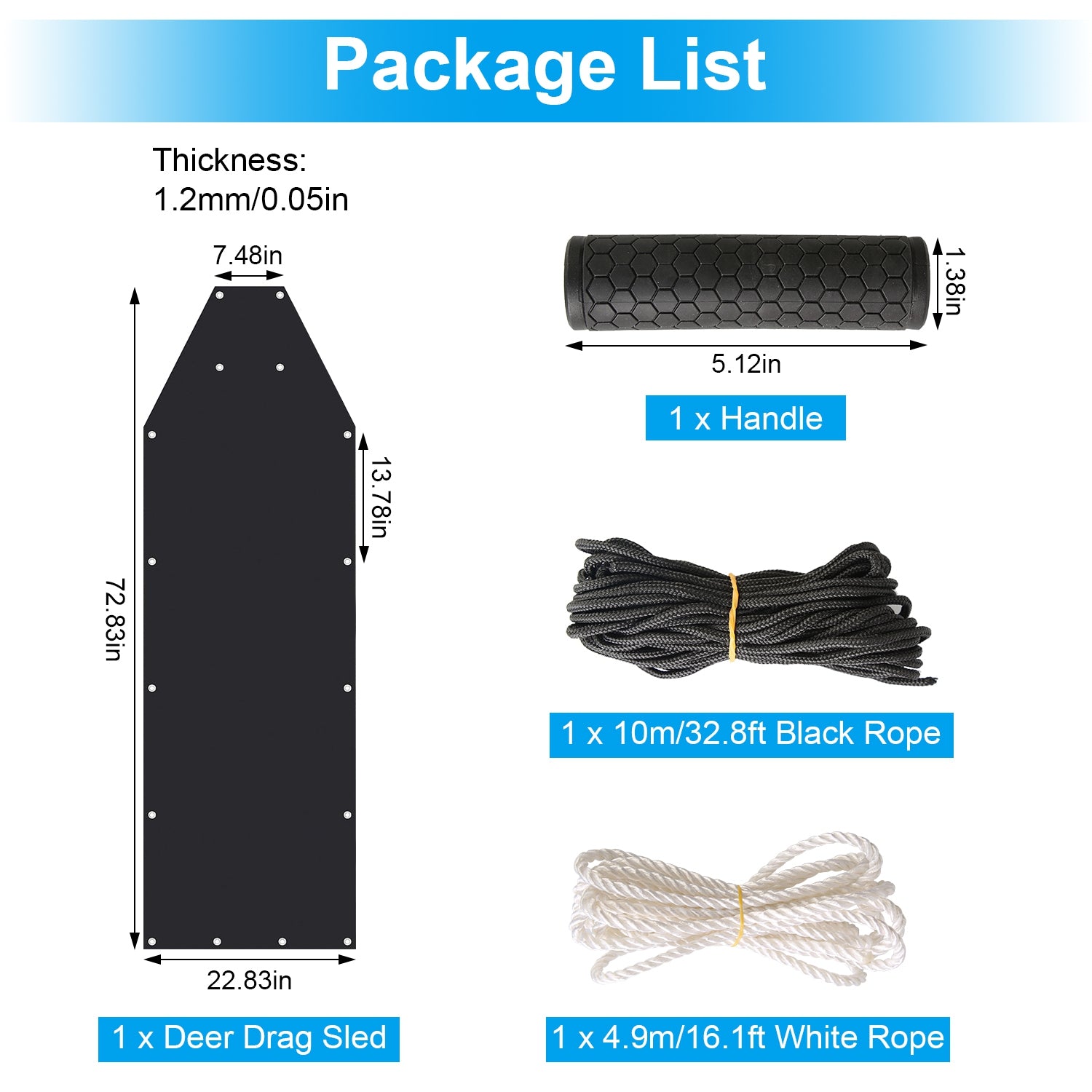 Deer Drag Sled with Handle Deer Cart Game Hauler Snow Sledding Pad Hunting Gear Supplies with 32.8FT Black Rope 16.1FT White Rope for Hunting Ice Fishing Hauling Fire Wood