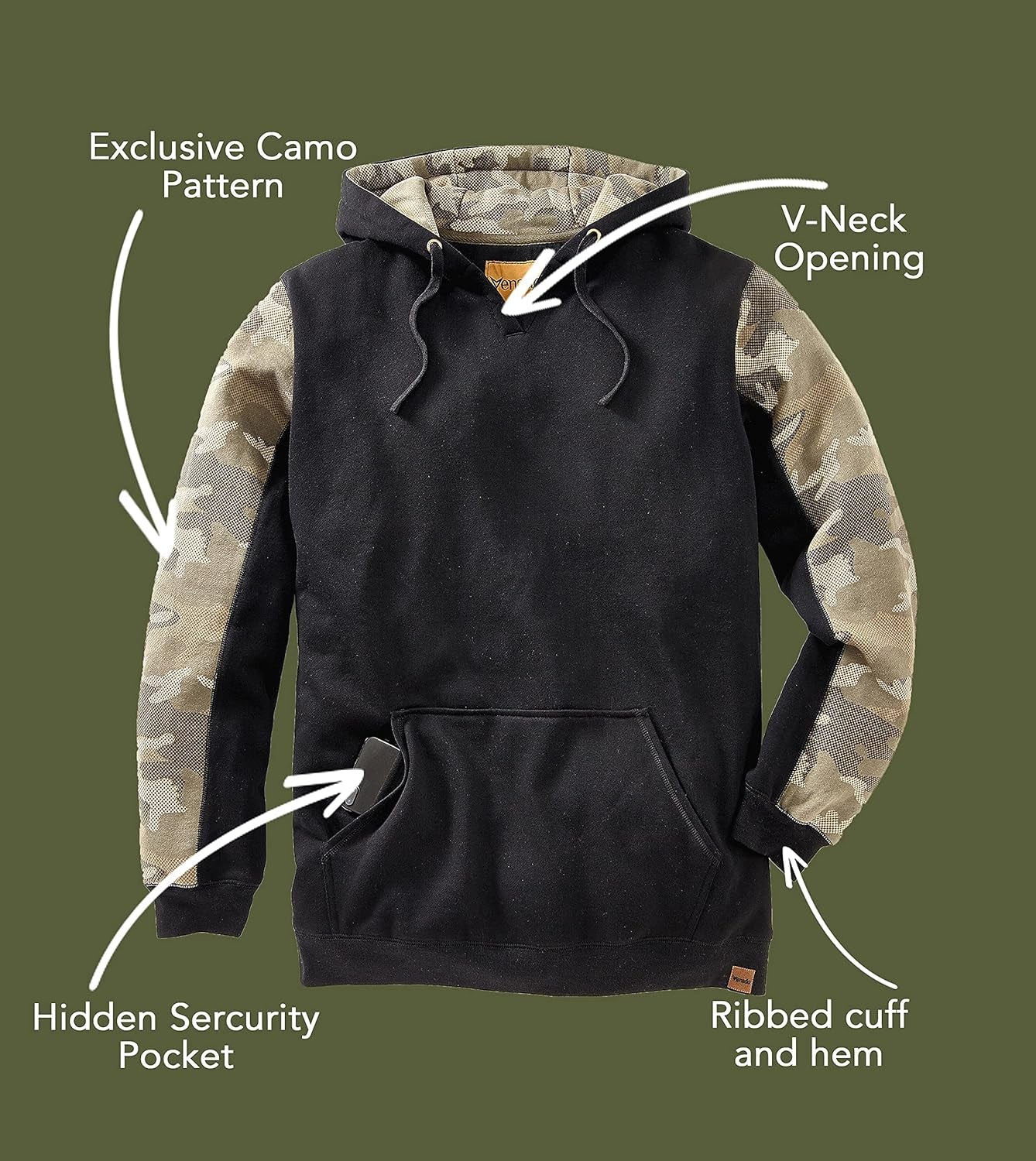 Heavyweight Camo Hoodie for Men - Hidden Security Pocket | V-Neck Opening