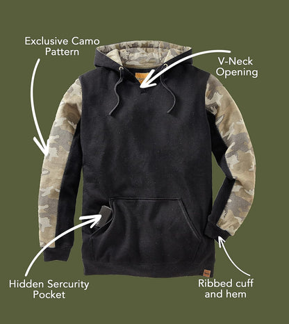 Heavyweight Camo Hoodie for Men - Hidden Security Pocket | V-Neck Opening