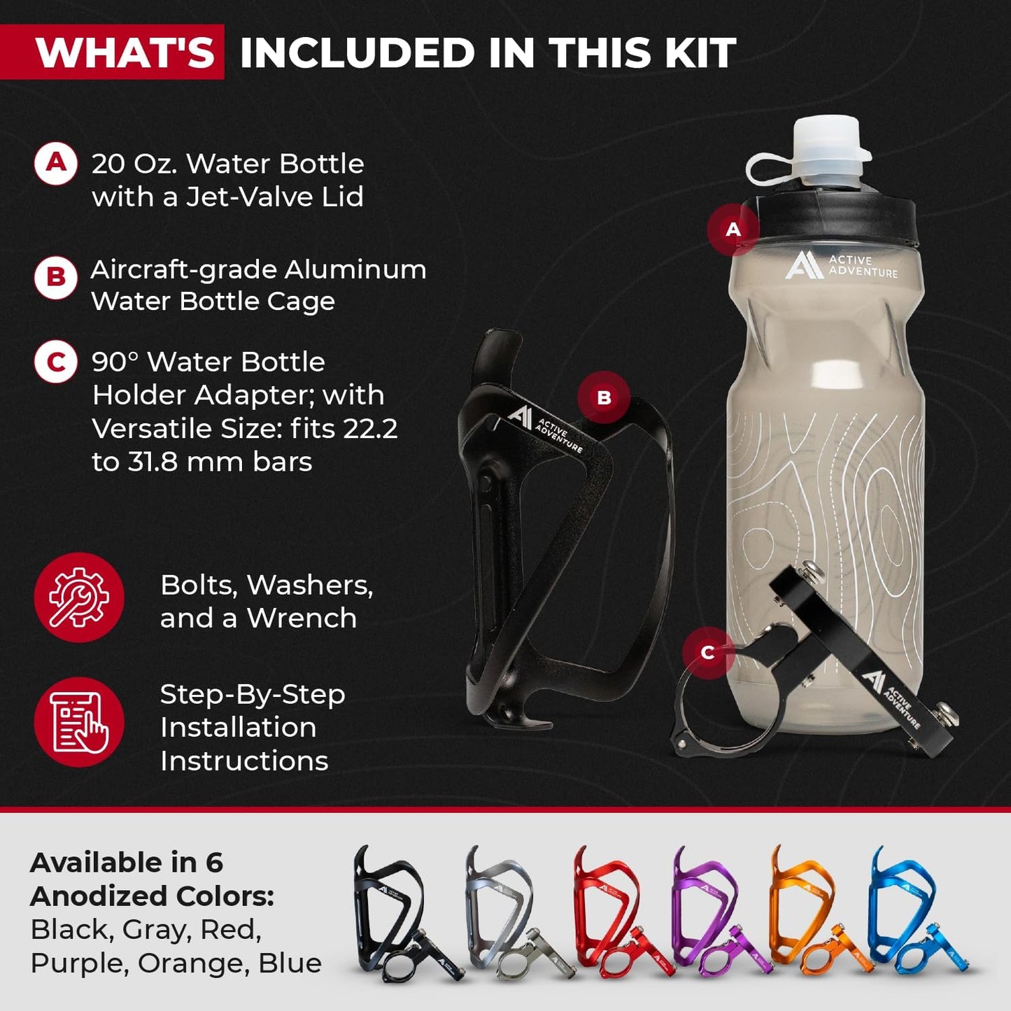 Bike Water Bottle Holder Combo - 20 Oz Squeeze Bottle & Bicycle Mount Cage Rack, No Screws Needed, Durable Alloy - Fits All Handlebar Bikes & MTB Mountain Road - for Adults, Kids (Black)