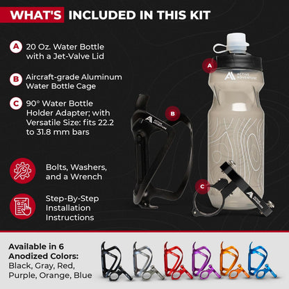 Bike Water Bottle Holder Combo - 20 Oz Squeeze Bottle & Bicycle Mount Cage Rack, No Screws Needed, Durable Alloy - Fits All Handlebar Bikes & MTB Mountain Road - for Adults, Kids (Black)