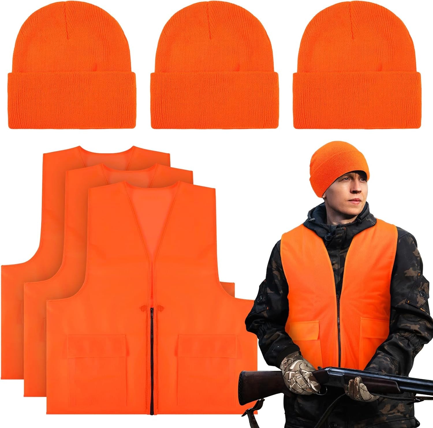 6-Piece Blaze Orange Hunting Hat and Vest Set for Outdoor Sports and Safety