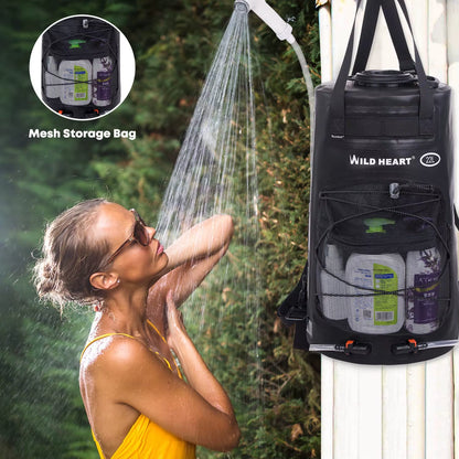 WILD HEART Camping Shower Bag Portable Shower for Camping with Pressure Foot Pump and Hose - Solar Shower Backpack