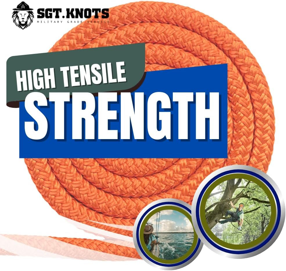 Arborist Double Braided Polyester Rope - Heavy Duty Tree Pulling Rope, Rigging, Tree Ropes, Arborist Pulling, Felling, Sailing, Industrial Rigging (0.625 in X 10 Ft) Orange