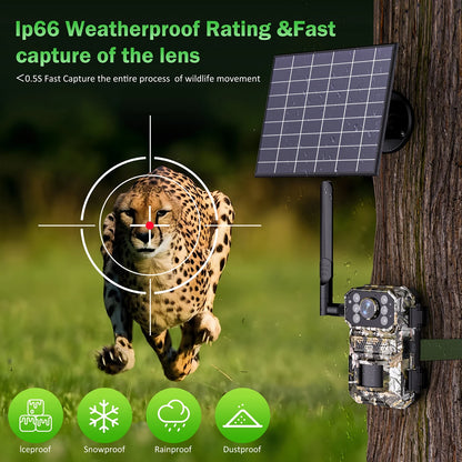 4G LTE Cellular Trail Camera Wireless, 4K Solar Powered Game Camera with Night Vision Motion Activated IP66 Waterproof, Hunting Security Camera with SIM Card, 120°Wide Angle