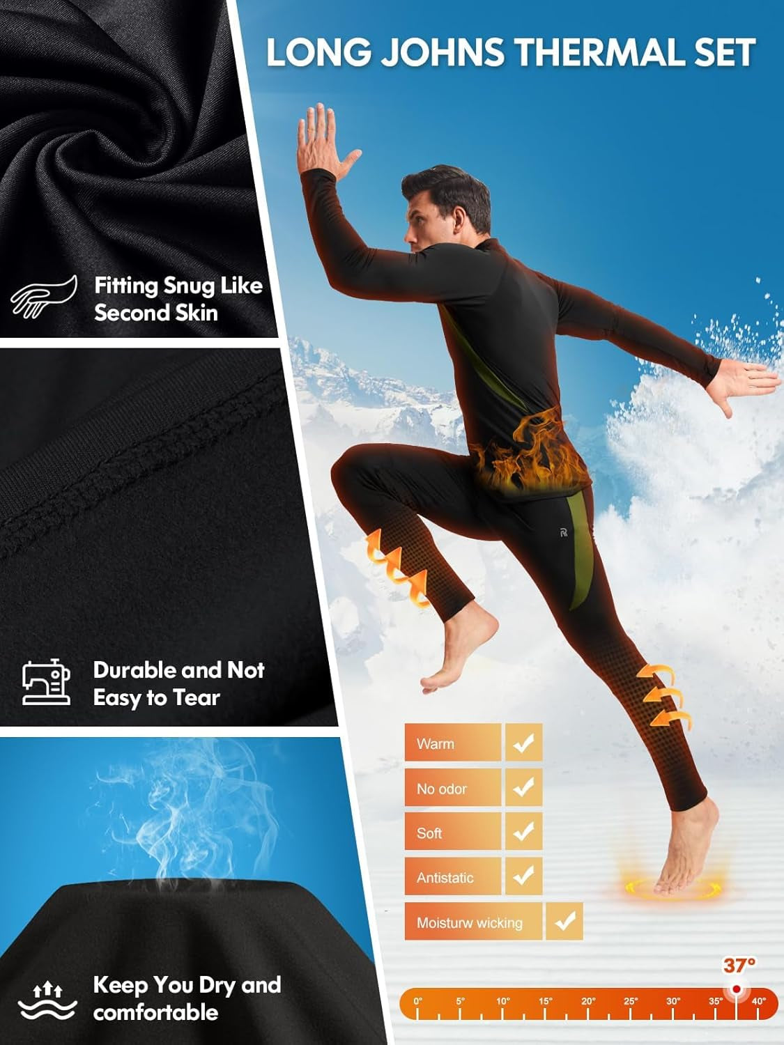 Thermal Underwear for Men Long Johns Fleece Lined Hunting Gear Bottom Top Set Base Layer for Cold Weather Gift