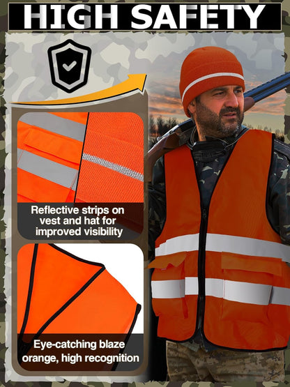 Blaze Orange Hunting Vest and Beanie Set - High Visibility Safety Gear