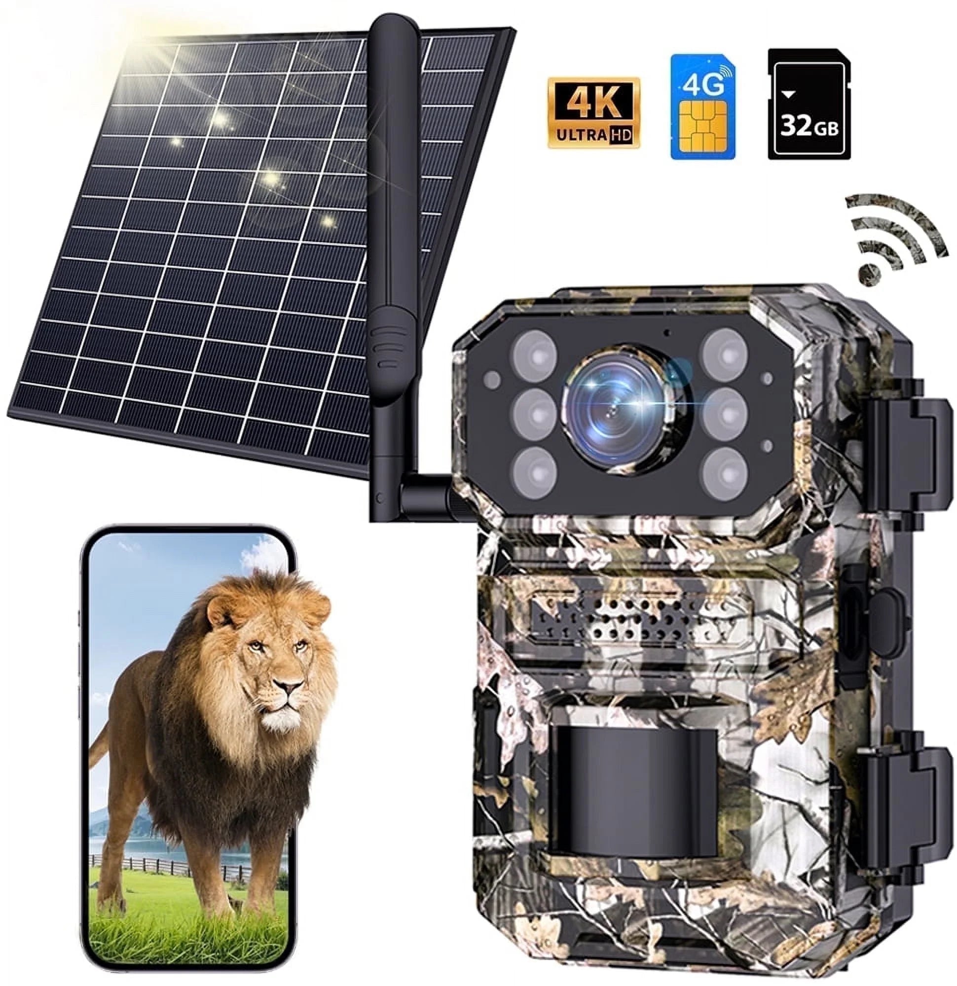 4G LTE Cellular Trail Camera Wireless, 4K Solar Powered Game Camera with Night Vision Motion Activated IP66 Waterproof, Hunting Security Camera with SIM Card, 120°Wide Angle