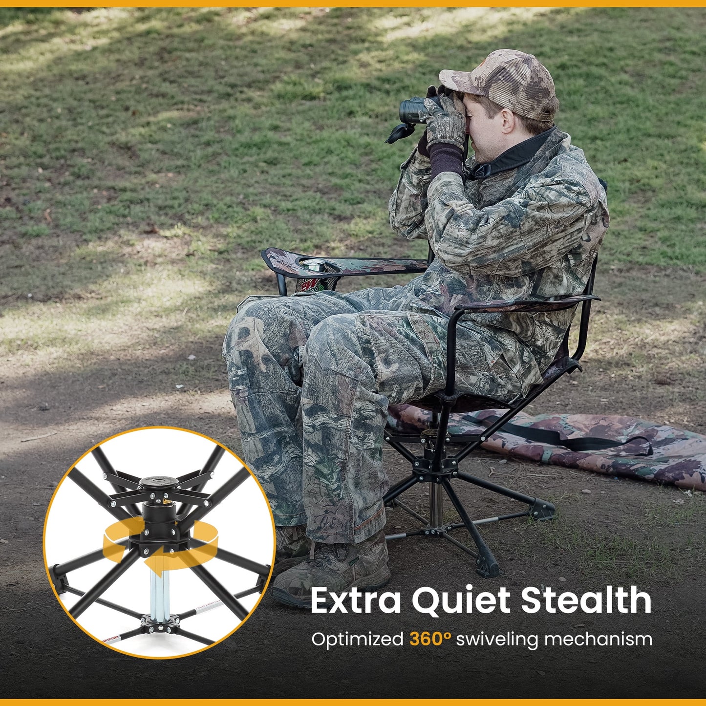 KKS0320U Degree Swivel Hunting Chair W/ Armrests, Camo Color for Camouflage Blinds,