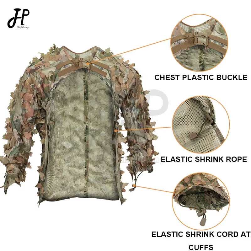 Bionic Leaf Hunting Ghillie Suit Tactics Camouflage Cloak Hunting Uniform Clothes Breathable Mesh Airsoft Shooting Tactical Gear