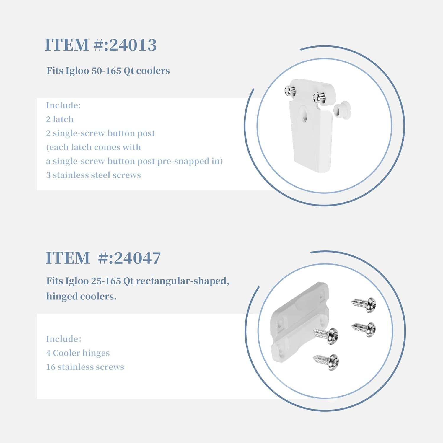 Replacement Parts Kit for Igloo Coolers - Plastic Hinges, Latches, Screws, Threa