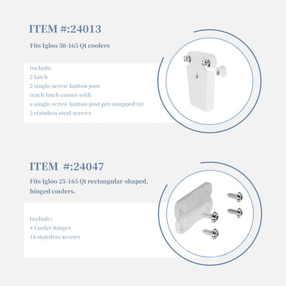 Replacement Parts Kit for Igloo Coolers - Plastic Hinges, Latches, Screws, Threa