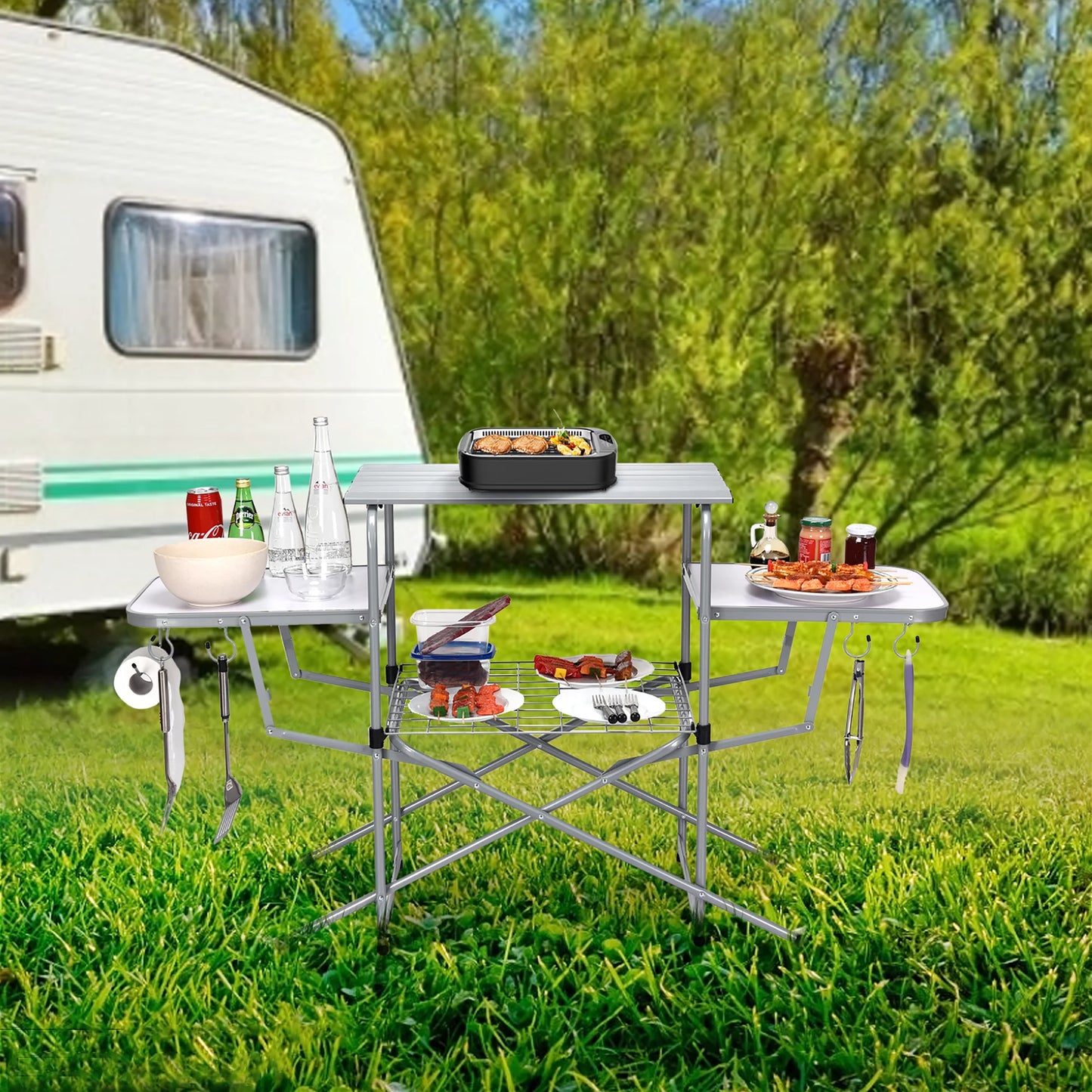 Foldable Camping Table Outdoor Kitchen Portable Grilling Stand Folding BBQ Table