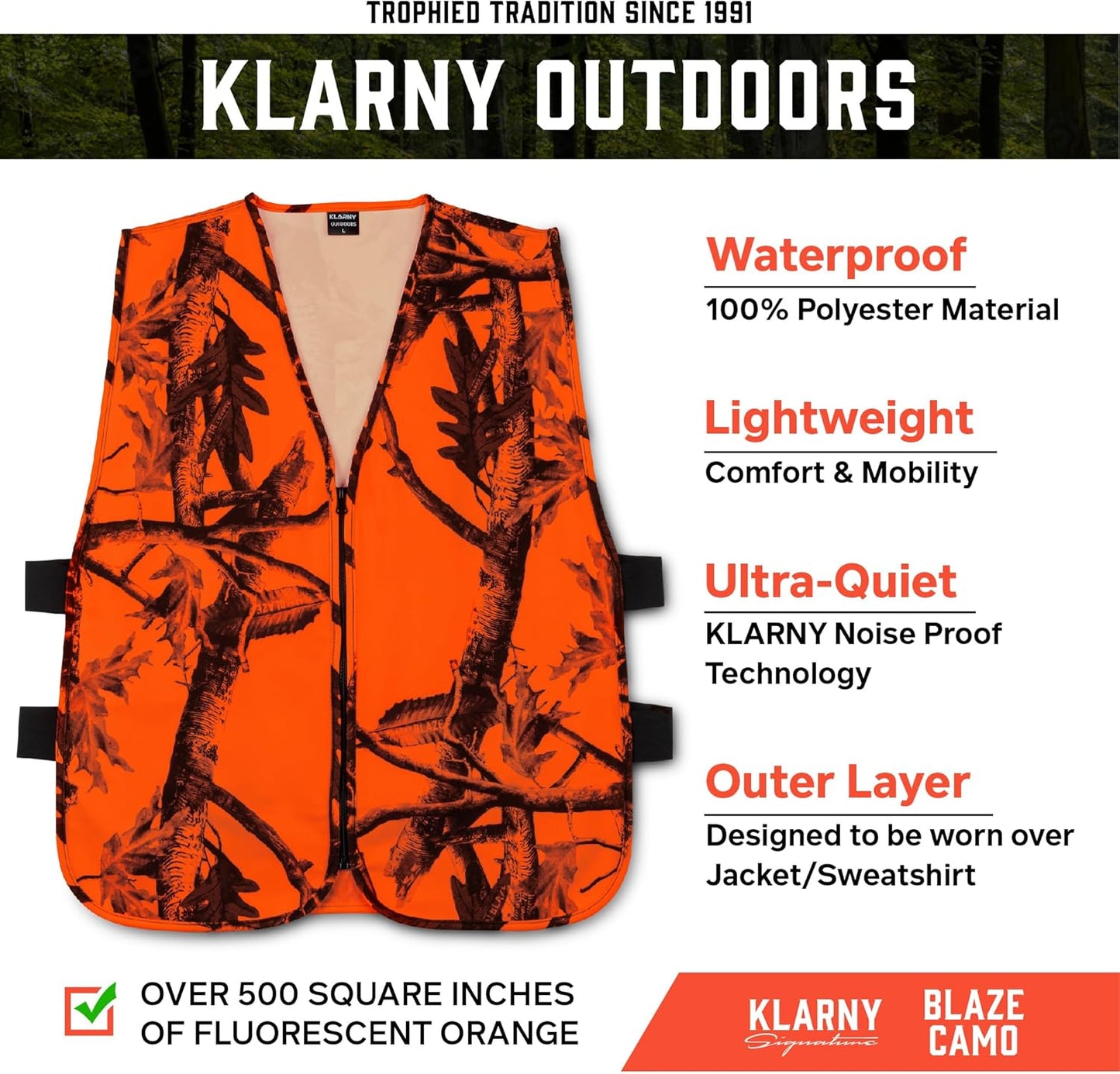 Klarny High Visibility Waterproof Orange Safety Vest for Hunting and Gear