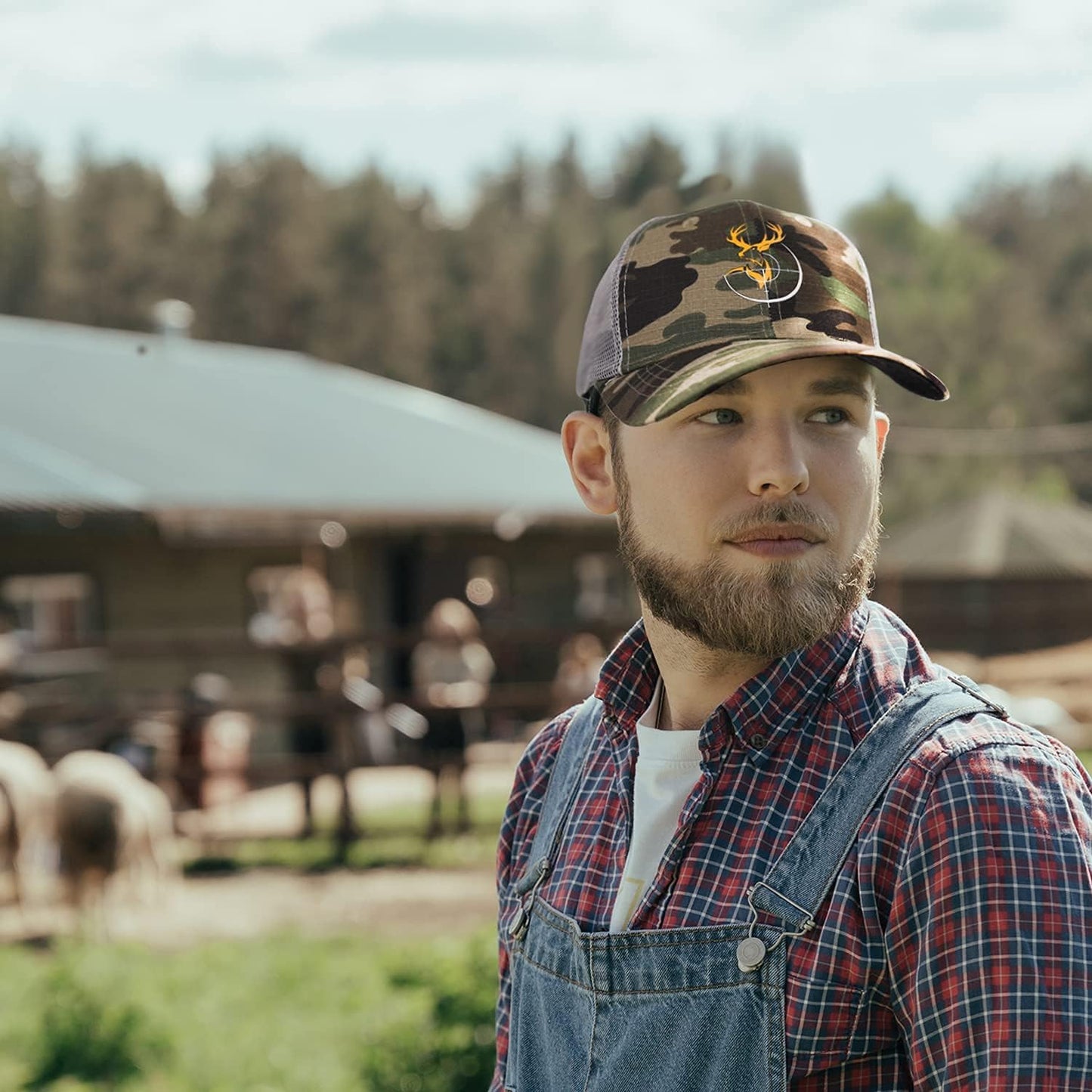 Deer Hunting Camo Trucker Hats Snapback Adult Unisex Adjustable Blaze Orange Antlers Logo Mesh Baseball Cap