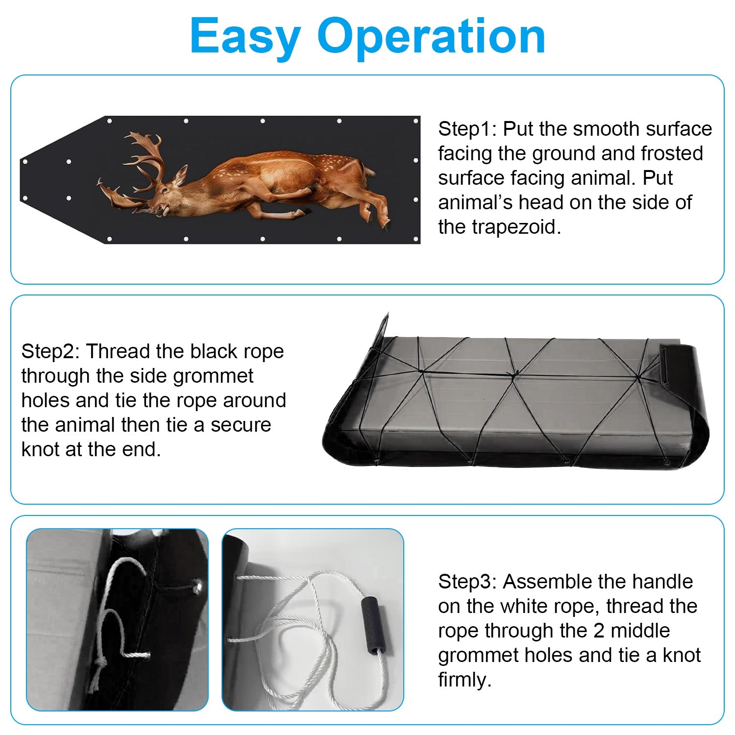 Deer Drag Sled with Handle Deer Cart Game Hauler Snow Sledding Pad Hunting Gear Supplies with 32.8FT Black Rope 16.1FT White Rope for Hunting Ice Fishing Hauling Fire Wood