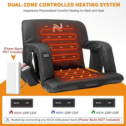 Heated Stadium Seat Bleacher Seat with Back & Arm Support, Portable 6 Reclinng Positions Stadium Seating for Bleachers, Bleacher Seats for Sports Events, Outing, Travelling, Hiking
