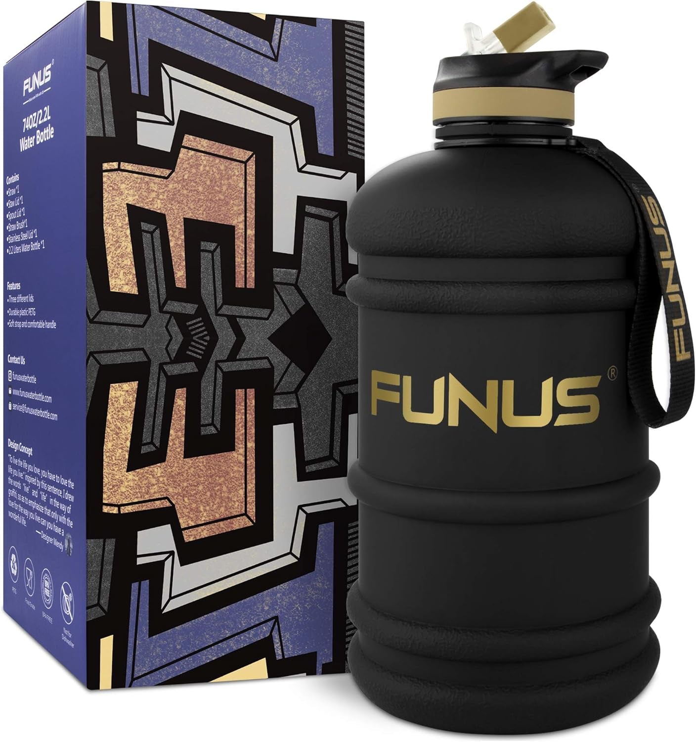 Big Water Bottle BPA Free Half Gallon Water Bottle Jug Reusable Water Bottle for Men Women Fitness Sport Gym Outdoor Climbing (Black, 2.2L)