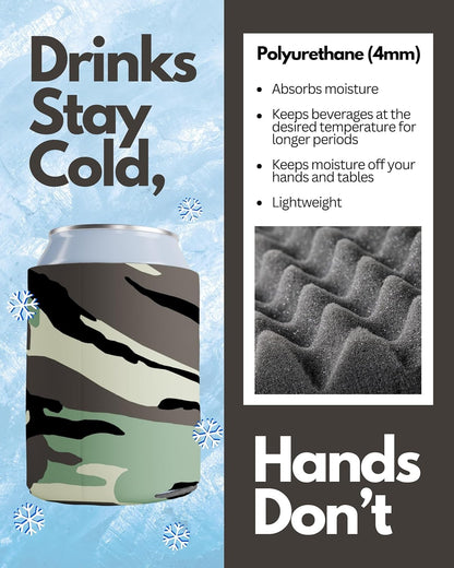 100 Pack Camo Blank Can Cooler Sleeves, Customizable Bulk Insulated Foam for Beer, Collapsible Plain Drink Holder, Cold Soda Insulator, 12Oz Regular, 16Oz Tall Cans