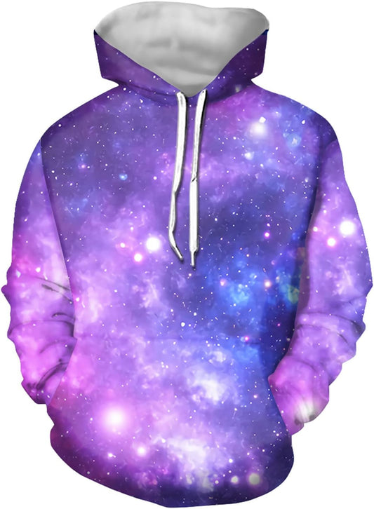 Purple Galaxy Design Casual Hoodie for Teens Boy'S Sport Pullover Hooded Sweatshirts Cozy Long Sleeves Loose Fit Tops Front Big Pocket Purple