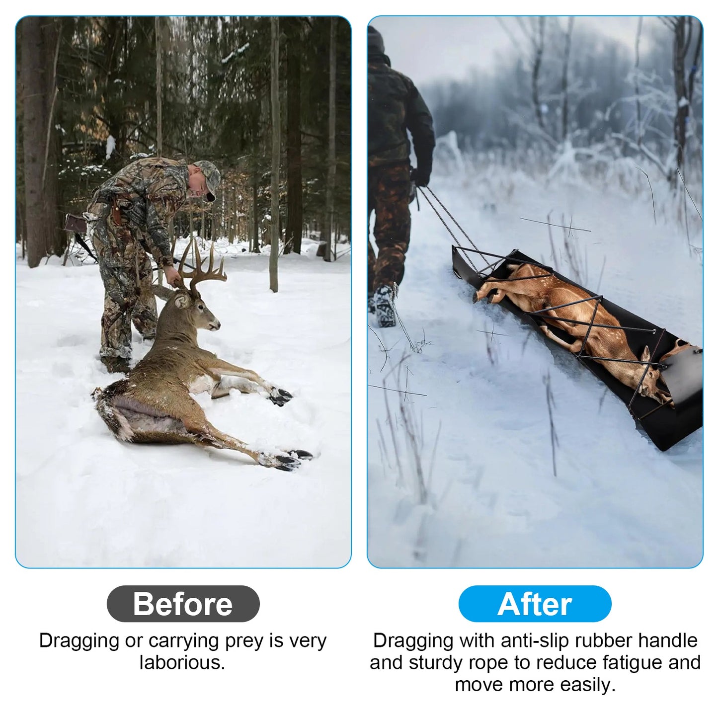 Deer Drag Sled with Handle Deer Cart Game Hauler Snow Sledding Pad Hunting Gear Supplies with 32.8FT Black Rope 16.1FT White Rope for Hunting Ice Fishing Hauling Fire Wood