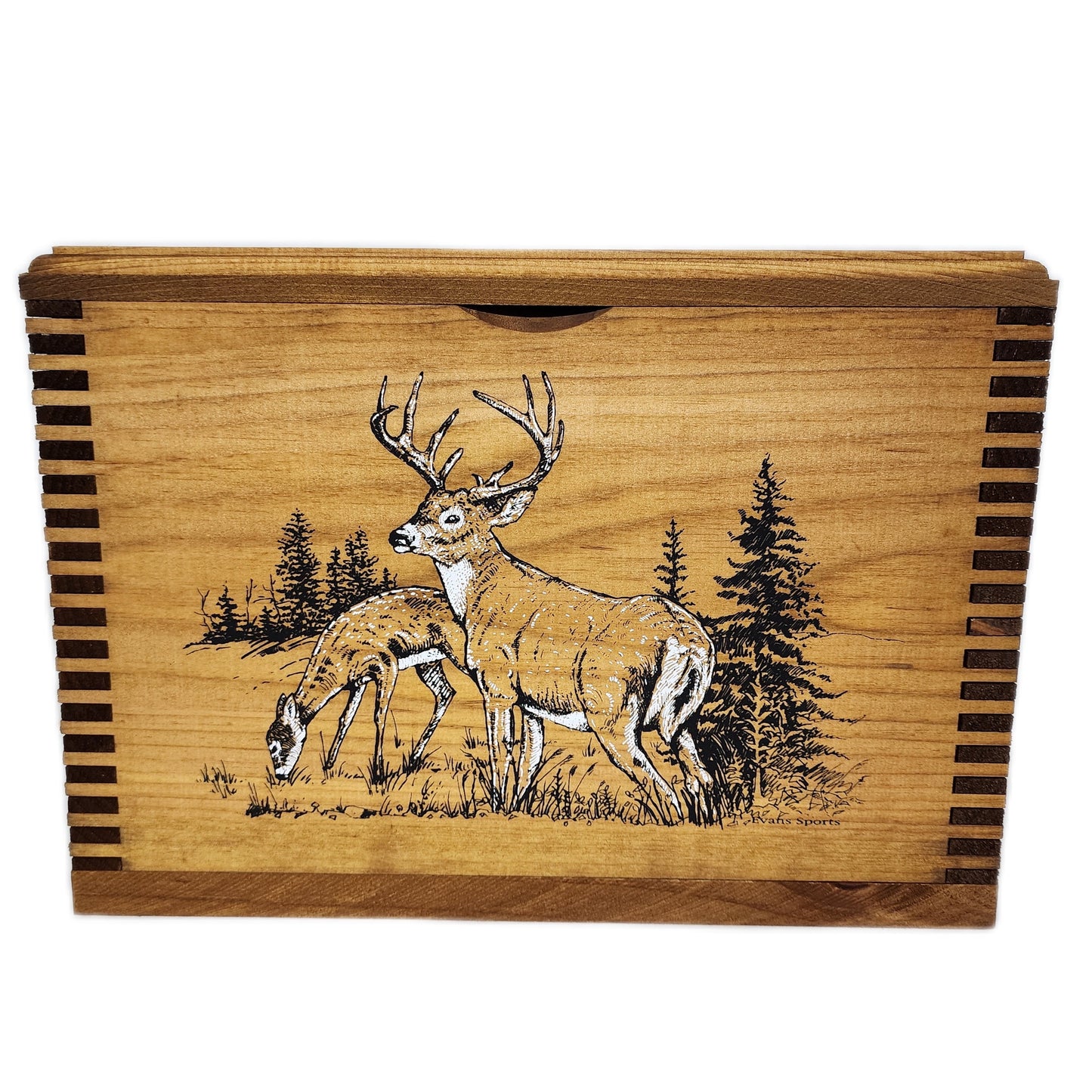 Whitetail Deer Solid Pine Ammo Box with Notched Finger-Joint Construction, Rugged Hardware, Size Is 14 1/2" X 9" X 10 1/8"