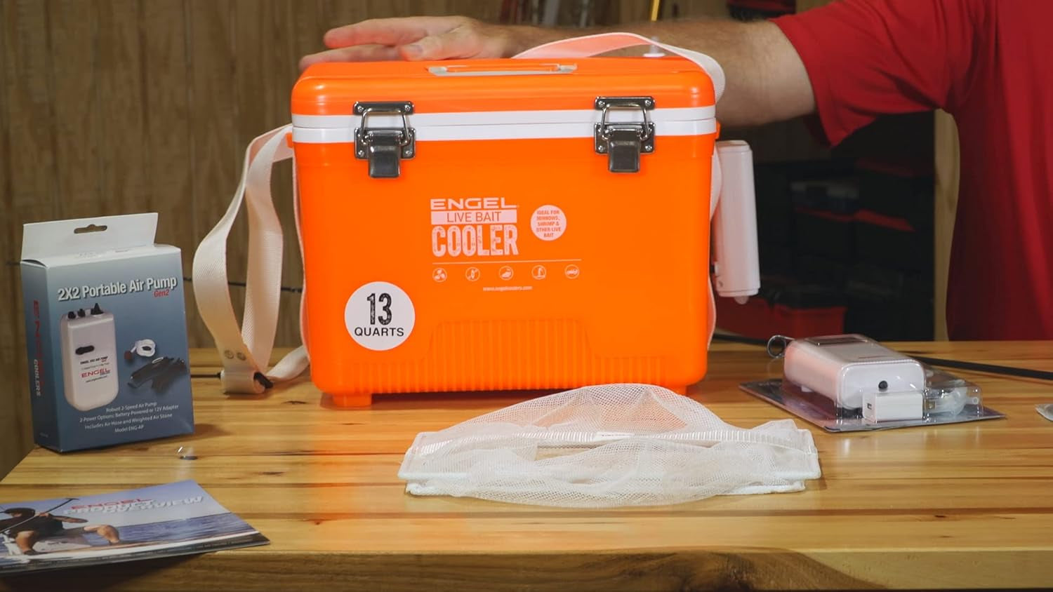 Live Bait Cooler Box with 2Nd Gen 2-Speed Aerator Pump - Portable Fishing Station & Minnow Bucket for Shrimp & Other Live Fish with Aerator - ENGLBC-N