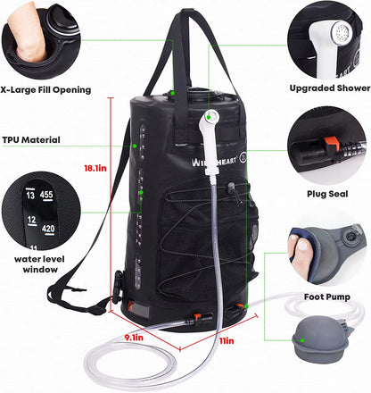 WILD HEART Camping Shower Bag Portable Shower for Camping with Pressure Foot Pump and Hose - Solar Shower Backpack