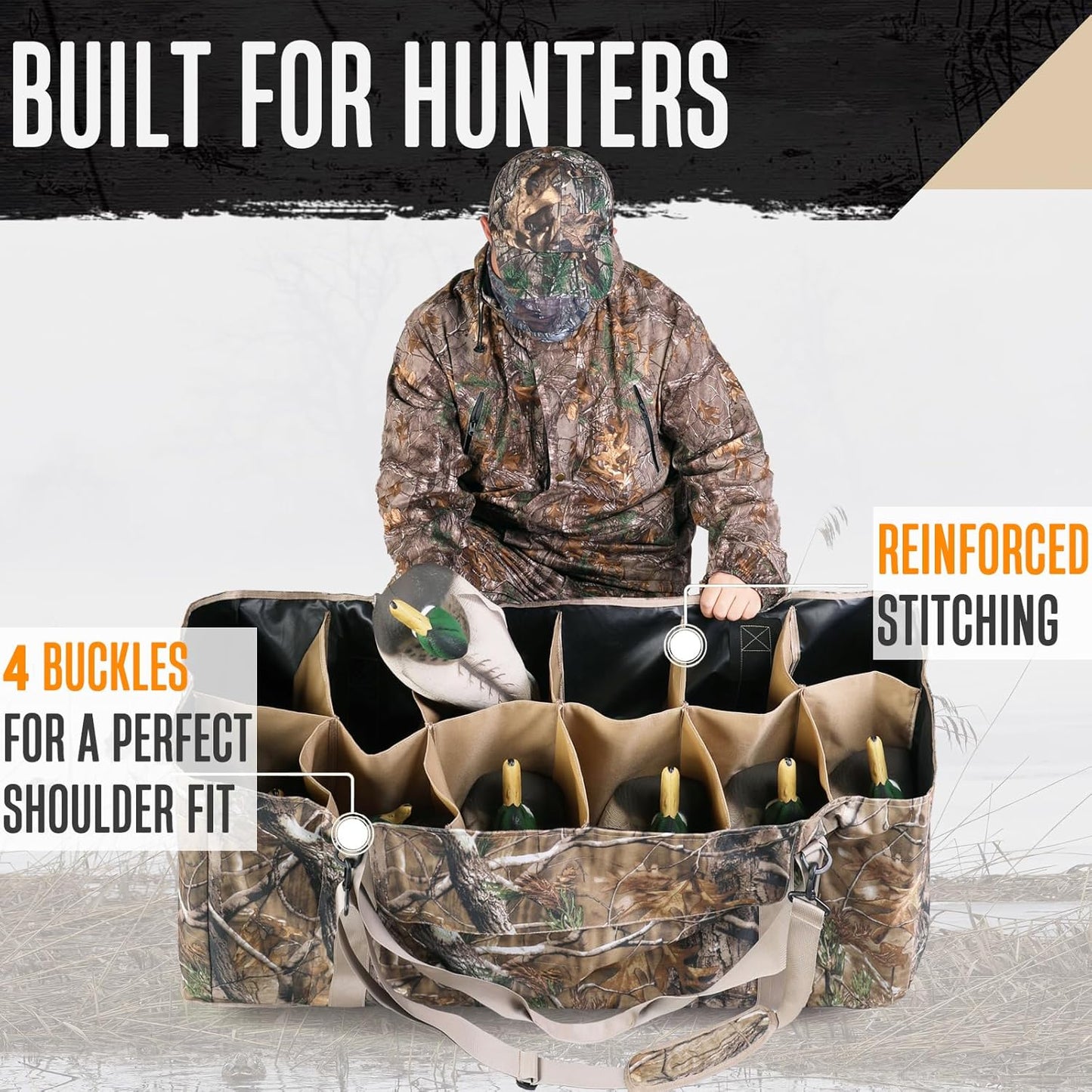 Decoy Bag, 12 Slot Duck Decoy Bag with Bottom Drains, Padded Shoulder Strap Duck