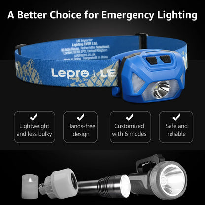 2-Pack Battery-Powered Head Lamp, 1300 Lux Super Bright with Adjustable Headband, 6 Modes Including Red Light, IPX4 Waterproof Suitable for Camping and Outdoor Activities .Blue