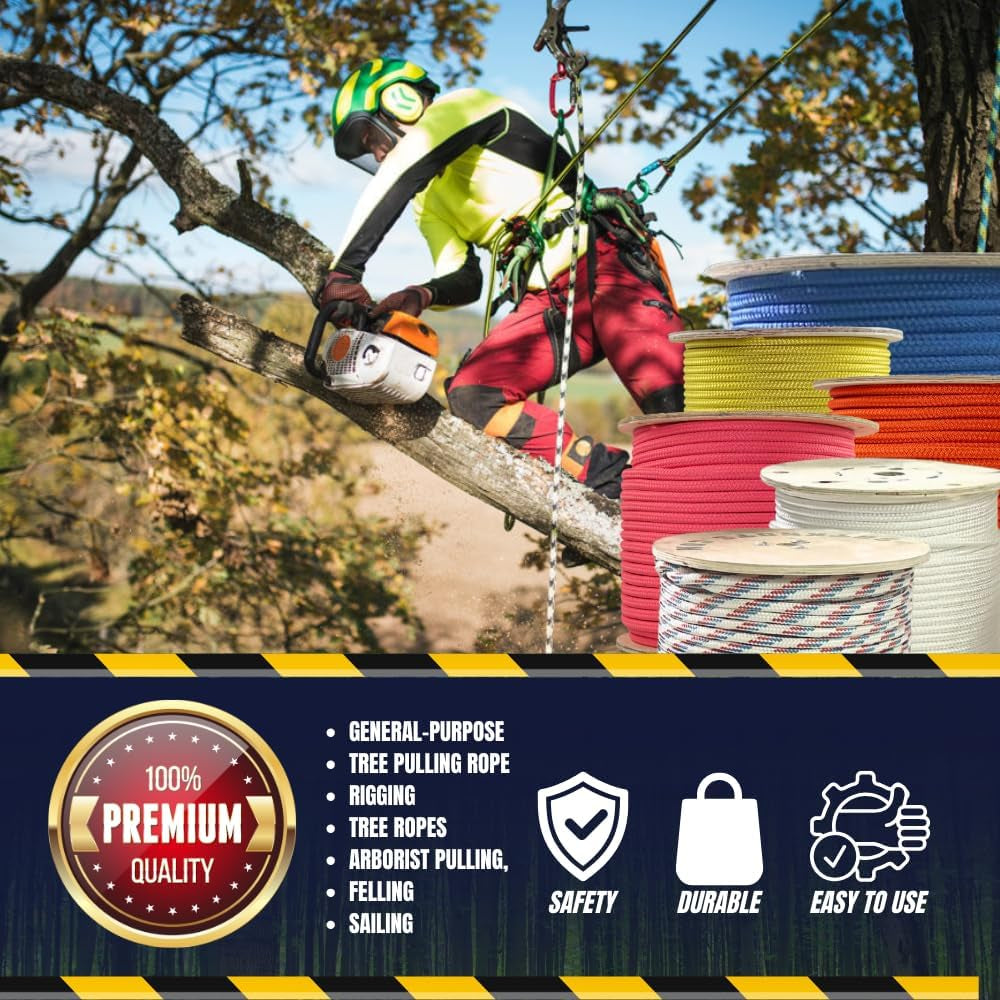 Arborist Double Braided Polyester Rope - Heavy Duty Tree Pulling Rope, Rigging, Tree Ropes, Arborist Pulling, Felling, Sailing, Industrial Rigging (0.625 in X 10 Ft) Orange