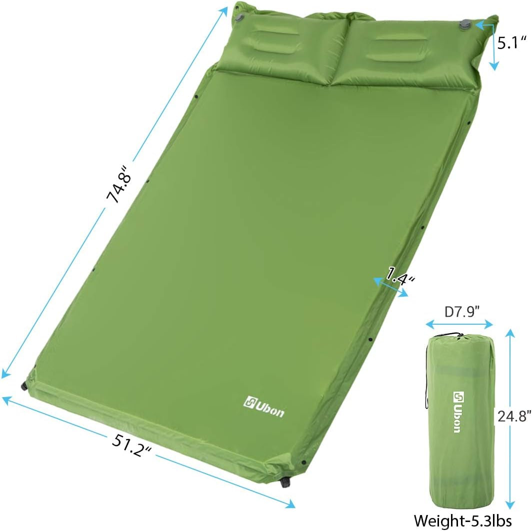 Double Camping Sleeping Pad Self- Inflating Camping Mattress with Pillows Memory Sponge Filling Sleeping Mats for Truck Tent - Green