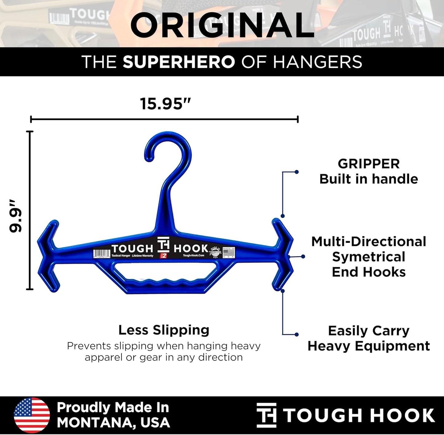 Original Multipurpose Heavy Duty Hanger, USA Made, Anti-Slip, 200 Lb Capacity, Ideal for Tactical Gear, Body Armor, Scuba, Fitness Vests, 1 Black Plastic Piece