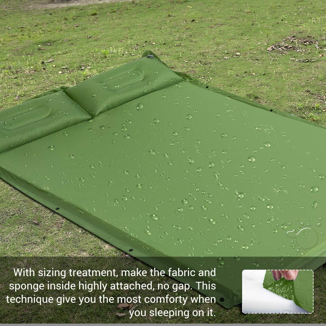 Double Camping Sleeping Pad Self- Inflating Camping Mattress with Pillows Memory Sponge Filling Sleeping Mats for Truck Tent - Green