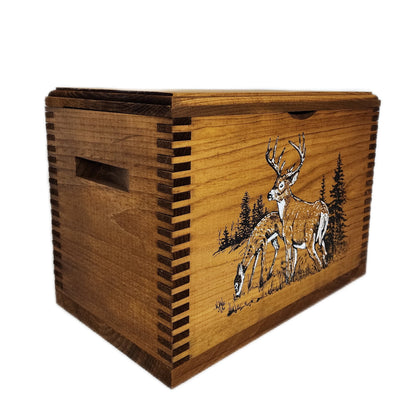 Whitetail Deer Solid Pine Ammo Box with Notched Finger-Joint Construction, Rugged Hardware, Size Is 14 1/2" X 9" X 10 1/8"