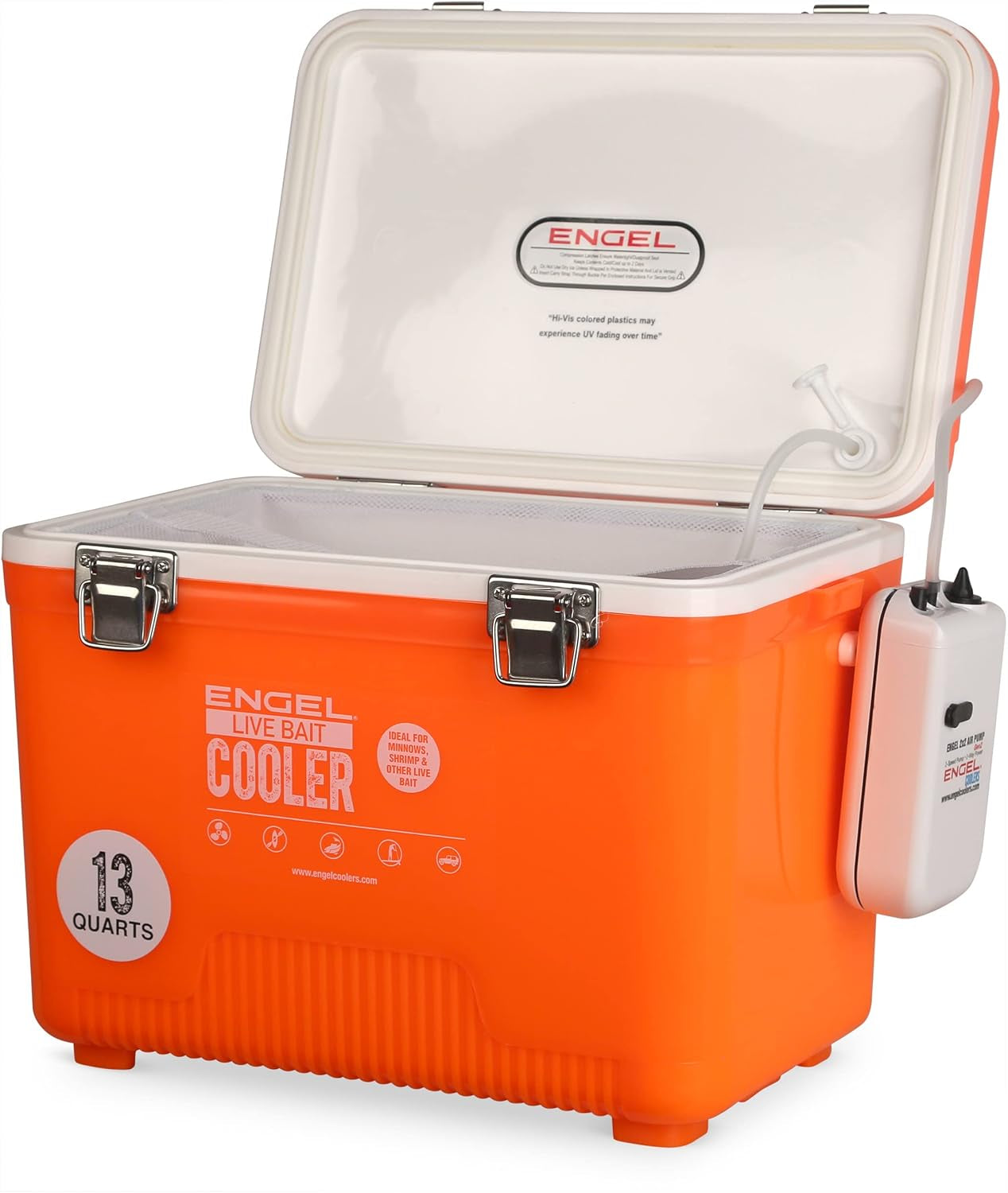 Live Bait Cooler Box with 2Nd Gen 2-Speed Aerator Pump - Portable Fishing Station & Minnow Bucket for Shrimp & Other Live Fish with Aerator - ENGLBC-N
