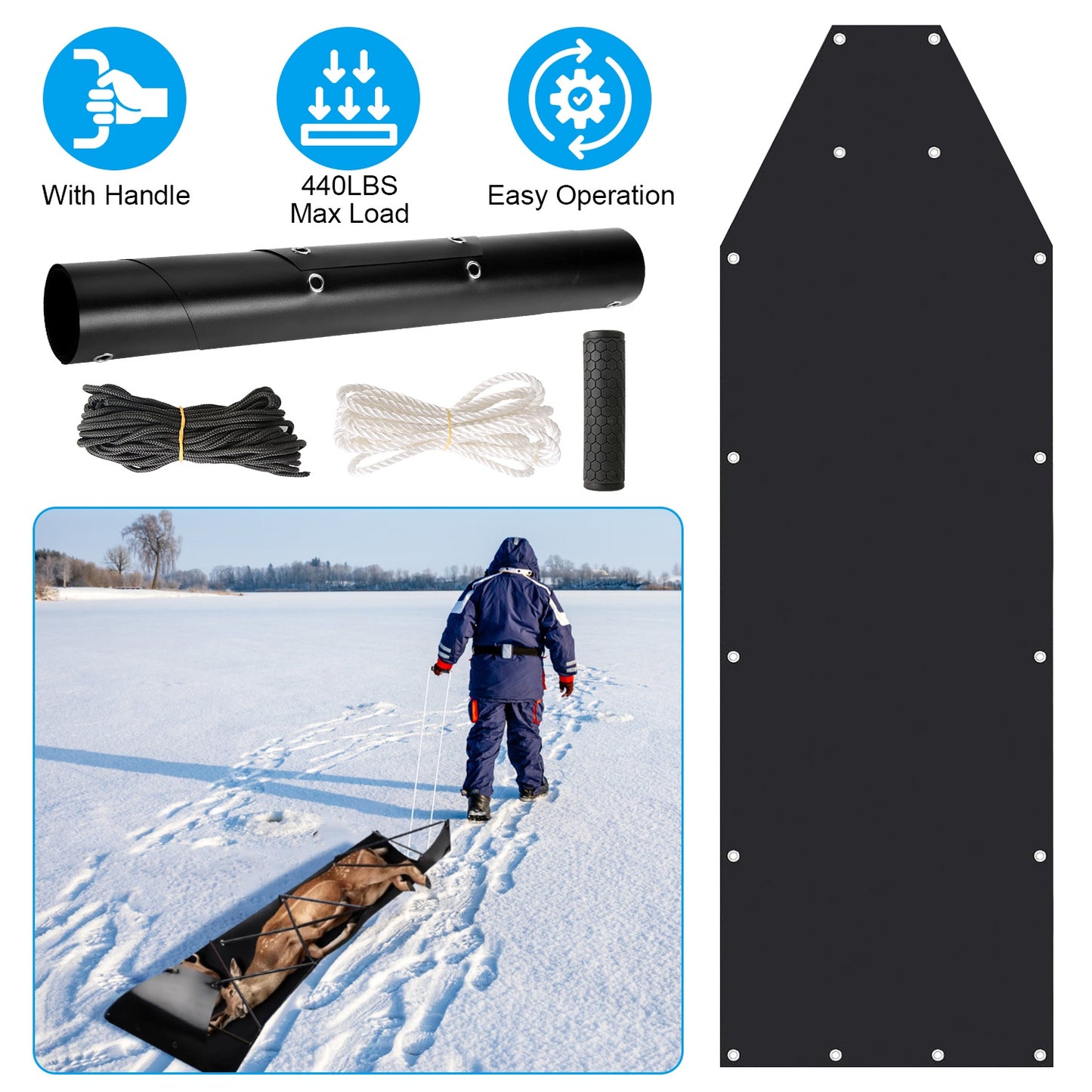 Deer Drag Sled with Handle Deer Cart Game Hauler Snow Sledding Pad Hunting Gear Supplies with 32.8FT Black Rope 16.1FT White Rope for Hunting Ice Fishing Hauling Fire Wood