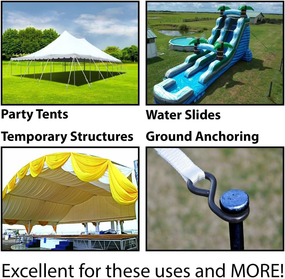 Single Head Metal Tent Stakes Heavy Duty Steel Ground Stake, Versatile Spikes to Anchor Commercial Inflatables, Event Party Tents, and Outdoor Camping Shelters, 3/4 X 30 Inch, 4 Pack