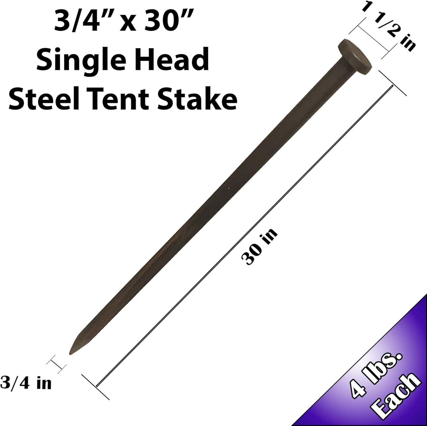 Single Head Metal Tent Stakes Heavy Duty Steel Ground Stake, Versatile Spikes to Anchor Commercial Inflatables, Event Party Tents, and Outdoor Camping Shelters, 3/4 X 30 Inch, 4 Pack