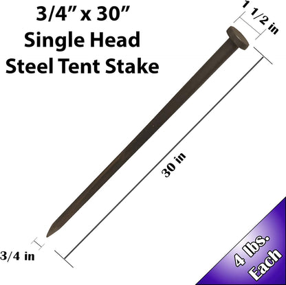 Single Head Metal Tent Stakes Heavy Duty Steel Ground Stake, Versatile Spikes to Anchor Commercial Inflatables, Event Party Tents, and Outdoor Camping Shelters, 3/4 X 30 Inch, 4 Pack