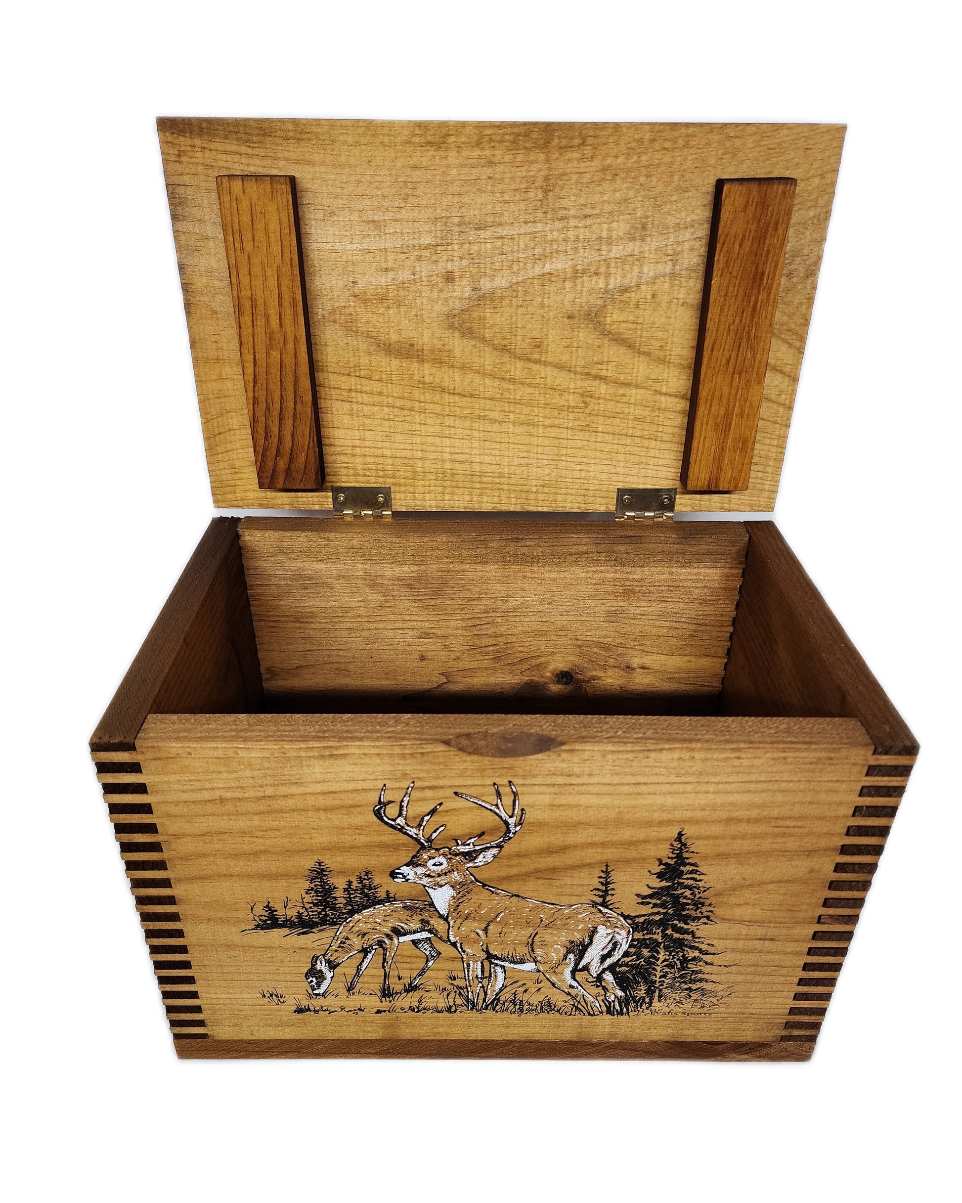 Whitetail Deer Solid Pine Ammo Box with Notched Finger-Joint Construction, Rugged Hardware, Size Is 14 1/2" X 9" X 10 1/8"